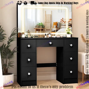 Black Makeup Vanity Deesk Dressing Table with LED Lighted Mirror + 7 Drawers - Picture 1 of 10