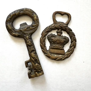 2 Vintage Brass Bottle Openers - One Skeleton Key From Korea, One Crown Unmarked - Picture 1 of 10