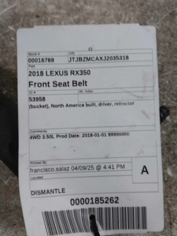 2018 Lexus RX350 Used Silver Seat Belt OEM 732200E130C3 85k Miles - Image 1 of 4