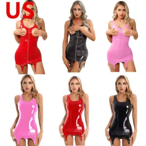 Body donna tubino vestito wet look vernice pelle vinile senza maniche con clip - Foto 1 di 45