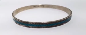 Mexico 925 Sterling Silver Turquoise Inlaid Bangle - Picture 1 of 6