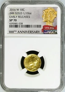 2016 W 10C 24K Gold Mercury Dime NGC SP 70 First Releases 100th Anniversary - Picture 1 of 2