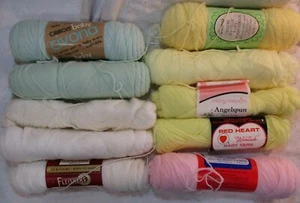 VINTAGE BABY YARN 2 MINT GREEN, 4 YELLOW, 3 WHITE & 1 PINK 8 FULL 2 PARTIAL NOS - Picture 1 of 7