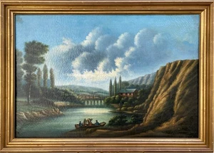 Pintura al óleo de paisaje montañoso junto al lago escuela italiana siglo XIX c. 1870 - Imagen 1 de 15