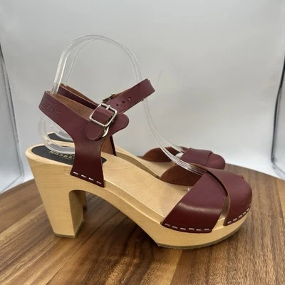 Swedish Hasbeens Merci Clogs Heeled Sandals Wine Red Wooden Women's 37 US 7 - Image 1 of 4