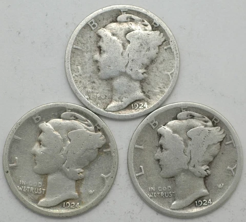 1924-P-D-S Winged Liberty Mercury Silver dime mint year set of 3 coins Cover
