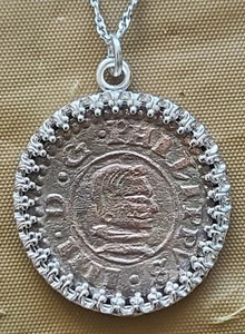 Spanische Kolonial Pirat Schiffswrack echte 8 Maravedis Münze 925 Silber Halskette - Bild 1 von 9