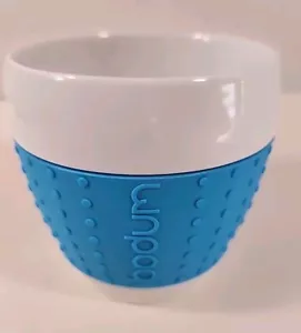 HTF Bodum Pavina Tazza Porcellana Bianca Blu Silicone Grip Espresso Svizzera EXC - Foto 1 di 4