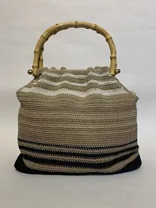 Vintage 1990s Beige Black & White Woven Cotton Mix Handbag Faux Bamboo Handles - Picture 1 of 12