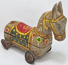Hand Carved Hard Wood Horse on Wheels Figurine Spice Box Rustic Painted Grey