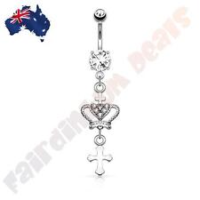 Silver Ion Plated Jewelled Belly Ring with Jewelled Crown & Cross Dangle