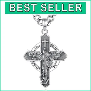 925 Sterling Silver St. Michael Cross Pendant with Cuban Chain - Spiritual Gift - Picture 1 of 11