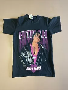 VINTAGE WWF WWE BRET HART HITMAN 1993 BLACK SHIRT SIZE S SMALL! - Picture 1 of 19