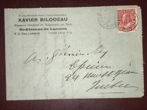 Rare 106b on 1912 Ad. enveloppe letterhead, St-Etienne to Québec, Levis RPO - Picture 1 of 6