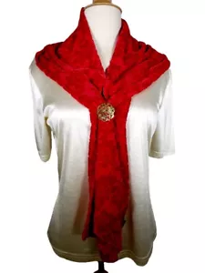 Cejon Scarf Rayon Silk Red Velvet Flowers On Mesh 56 x 9 3/4 Inches - Picture 1 of 9