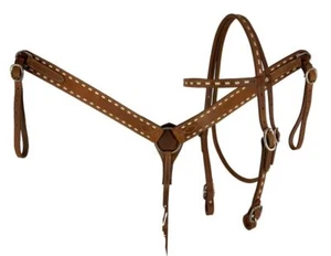 Showman Western Buck genähte Leder Trense, Brustkragen & Zügel Set HELL - Bild 1 von 3