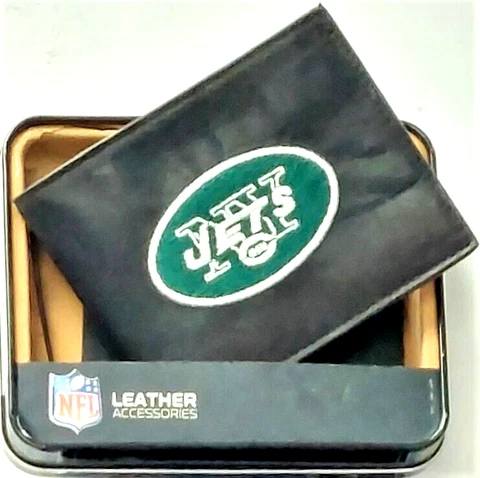 New York Jets Genuine Leather Embroidered Bi-Fold Black Wallet New Rico Cover
