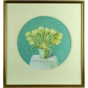 Original Margaret Ricketts Yellow Tulip Blue Circular Still Life Pastel Drawing - Picture 1 of 4