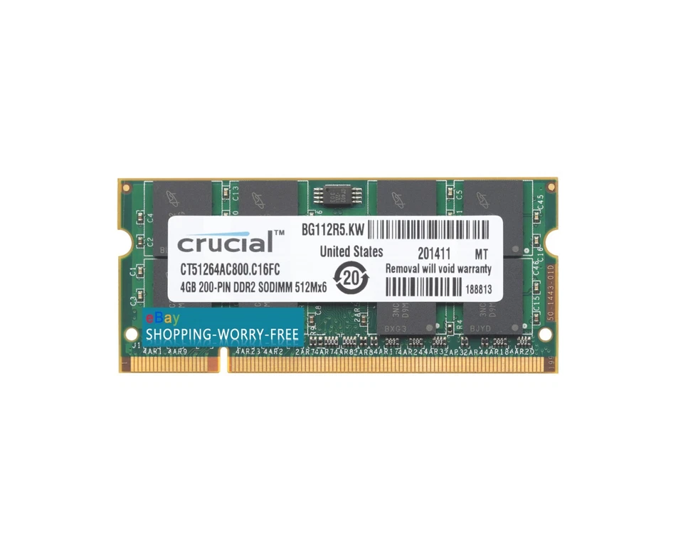 Crucial 1x4GB 800MHz PC2-6400S DDR2 800 SODIMM CT51264AC800  Laptop Memory - Image 1 of 1
