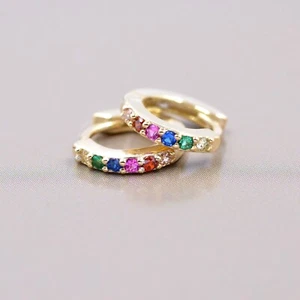 Small Sterling Silver Rainbow Huggie Hoop Earrings, CZ Pave Rainbow Colour Hoops - Picture 1 of 14