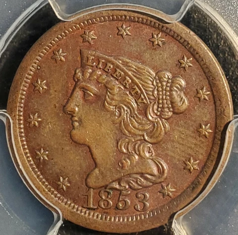 1853 1/2c Braided Hair Half Cent PCGS UNC coin Great Detail Cover