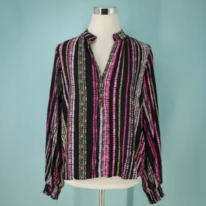 Anthropologie Maeve Size Small S Black Pink Dot Stripe Print Split V Neck Top - Picture 1 of 4