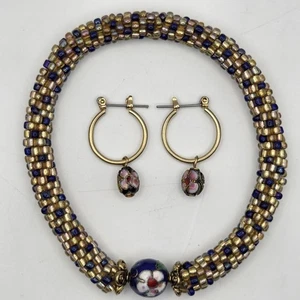 Vintage Bead Crochet Bracelet & Cloisonné Floral Hoop Earrings Set Goldtone Blue - Picture 1 of 7