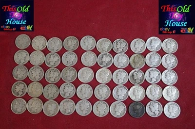 US COINS MERCURY DIMES X50 CIRCULATED 90% SILVER A - Image 1 of 4