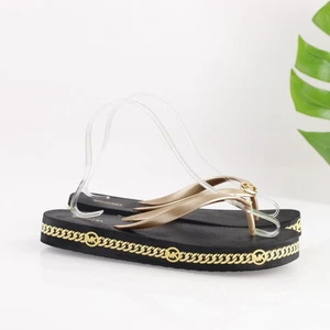 Michael Kors Womens MK Sandal Size 8 Black Gold Thong Flip Flop Platform Shoe - Picture 1 of 14