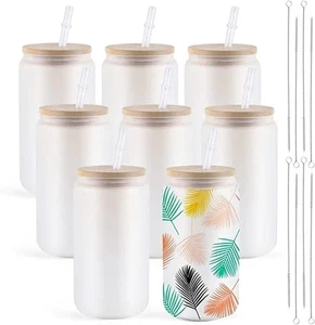 8 Pack Frosted Sublimation Glass Cups 16oz Mugs with Bamboo Lid HTVRONT - Picture 1 of 11