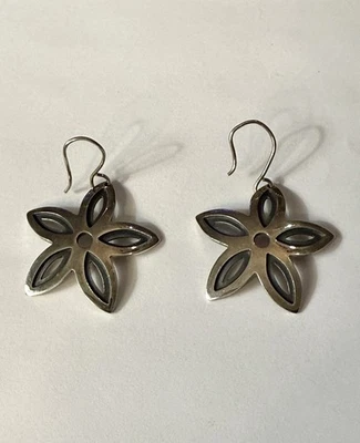 Vintage Sterling Silver Open Work Plumeria Flower Drop Dangle Pierced Earrings - Image 1 of 4