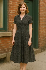 Vintage Mindy Malone Midikleid Damengröße 8 schwarz gepunktet gesmokte Taille - Bild 1 von 16