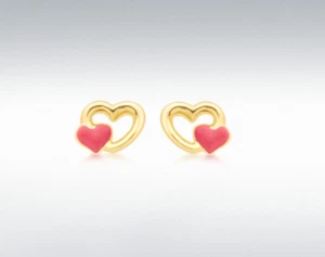 9ct Oro Amarillo Esmalte Rosa Douuble Rosca Corazones - Imagen 1 de 1
