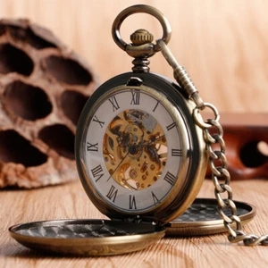 Bronze Hand Winding Mechanical Pocket Watch Double Hunter Chain Fob Watches Gift - Picture 1 of 14