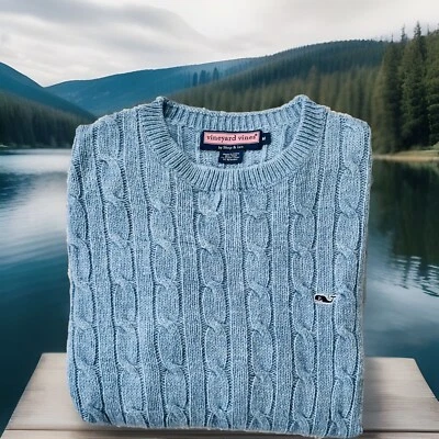 LN Vineyard Vines Wool Whale Logo Gray / Blue Cable Knit Warm Mens Sweatshirt M - Image 1 of 4