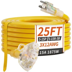 PlugSaf 25 FT 12/3 Gauge Outdoor Extension Cord with Multiple Outlets Light I... - Picture 1 of 9