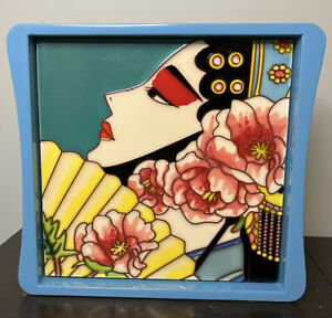 Ceramic Tile Art Tray With Colorful Pureland - Woman, Fan And Flowers