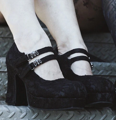 Black Lace Platform Heels Mary Janes Bridgerton Steampunk Gothic Shoes Demonia - Image 1 of 1