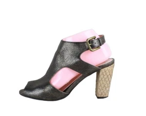 Faryl Robin Black Leather Peep Toe Ankle Strap Scale Block Heel Sandals Size 8 - Picture 1 of 9