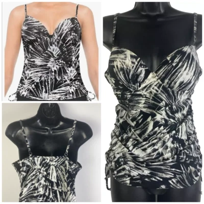 Love Your Assets Sara Blakely Spanx L Black & White Tankini Swim Top Ruched New - Image 1 of 4