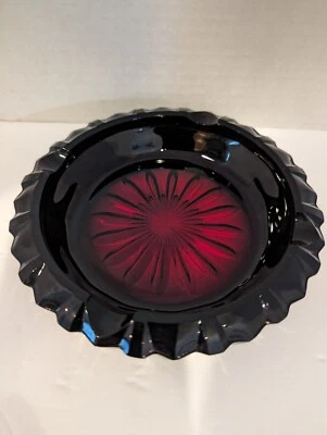 Vtg Ruby Red Ashtray Sunflower Bottom Ruffled Edge 6" Marked France 22  - Image 1 of 4