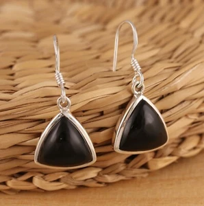Natural Black Onyx 925 Sterling Silver Large Dangle Drop Earrings Gift Boxed - Picture 1 of 6