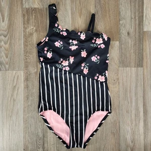 Traje de baño Justice Girls de una pieza talla 12 negro floral a rayas traje de baño - Imagen 1 de 8