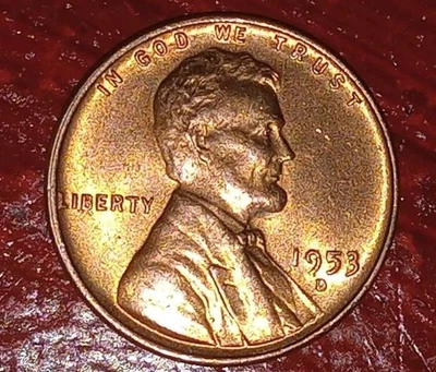 1953 D Full Red Wheat Penny Die Chip On 5/Mint Mark Doubling Error Beautiful BU - Image 1 of 4