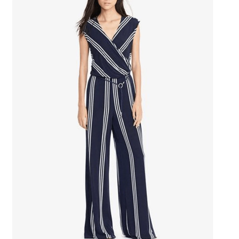 Новый без ценников женский комбинезон с искусственным запахом Lauren Ralph Lauren веревочный ремень темно-синяя полоса большой размер - Изображение 1 из 4