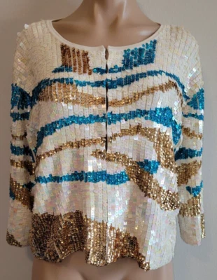 Suéter Joseph A. Vintage L Nuevo con Etiquetas Seda Dorado Azul Lentejuelas Iridiscentes Delantero Gancho Ojo Foto 1 de 4
