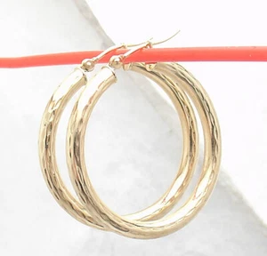 1 1/4" Full Diamond Cut Hoop Earrings Real 10K Yellow Gold 3X30mm FREE SHIPPING - Picture 1 of 4