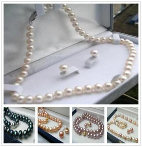 18 Inch Long 7-8mm Real Natural 5 Color Cultured Pearl Necklace Earrings - Picture 1 of 11