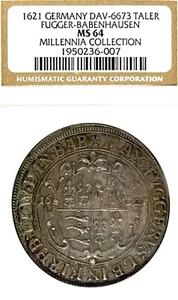 German States Fugger 1621 Taler Coin Thaler NGC MS 64 STG UNC MILLENNIA TOP POP - Picture 1 of 3
