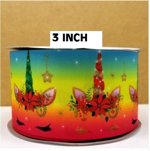 3" Christmas Unicorn grosgrain 3" ribbon for bows wreaths 5 Yards ships free - Image 1 of 1